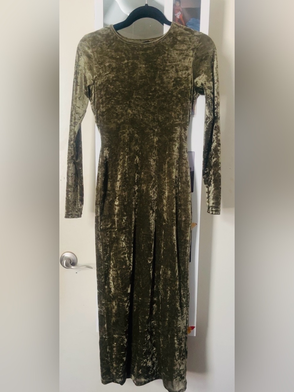 See You Monday Olive Green Crushed Velvet Long Sleeve Maxi Dress